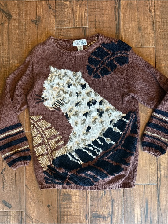 Bob Mackie Sweaters - Vintage Bob Mackie Wearable Art Leopard Cat Sweater Medium Eclectic Animal